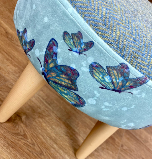 Butterflies in the Rain Velvet and Harris Tweed Small Footstool