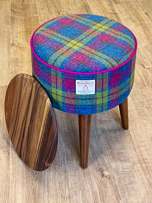 Colourful Tartan Harris Tweed End Table with Fuchsia Piping and Removable Wooden Top