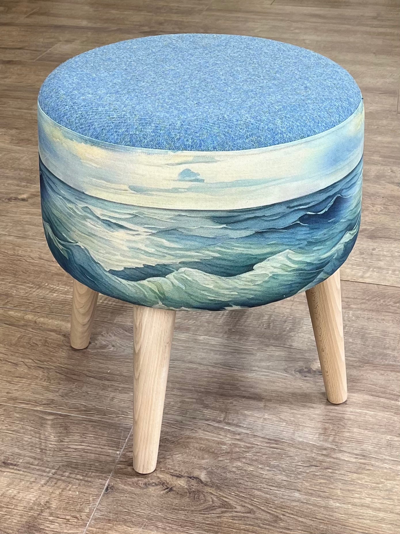 Stormy Sea Linen and Harris Tweed Footstool