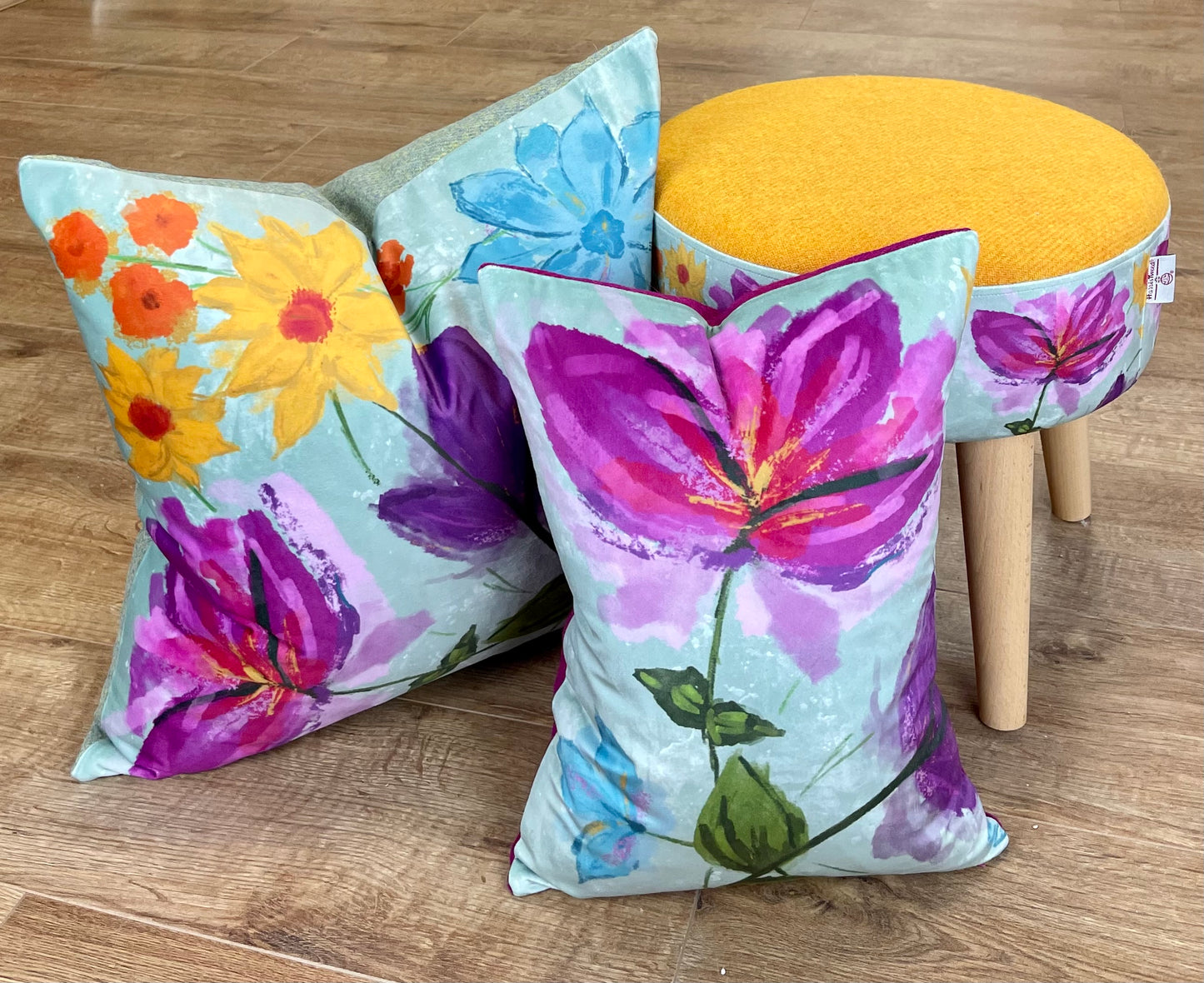 Spring Time Velvet and Fuchsia Harris Tweed Cushion