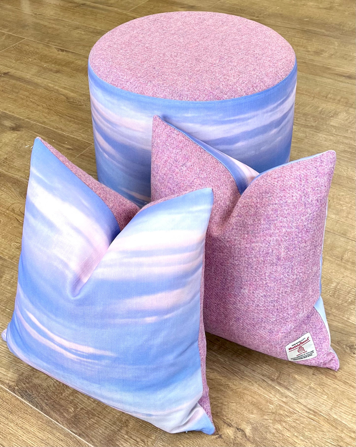 Skyscape Linen and Dusky Pink Harris Tweed Floating Footstool
