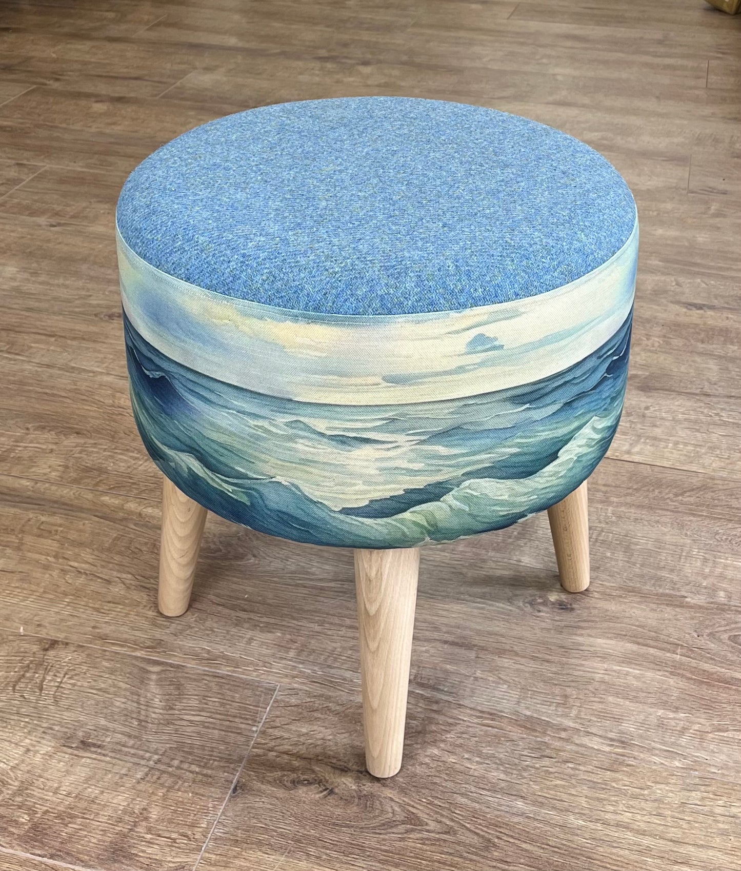 Stormy Sea Linen and Harris Tweed Footstool
