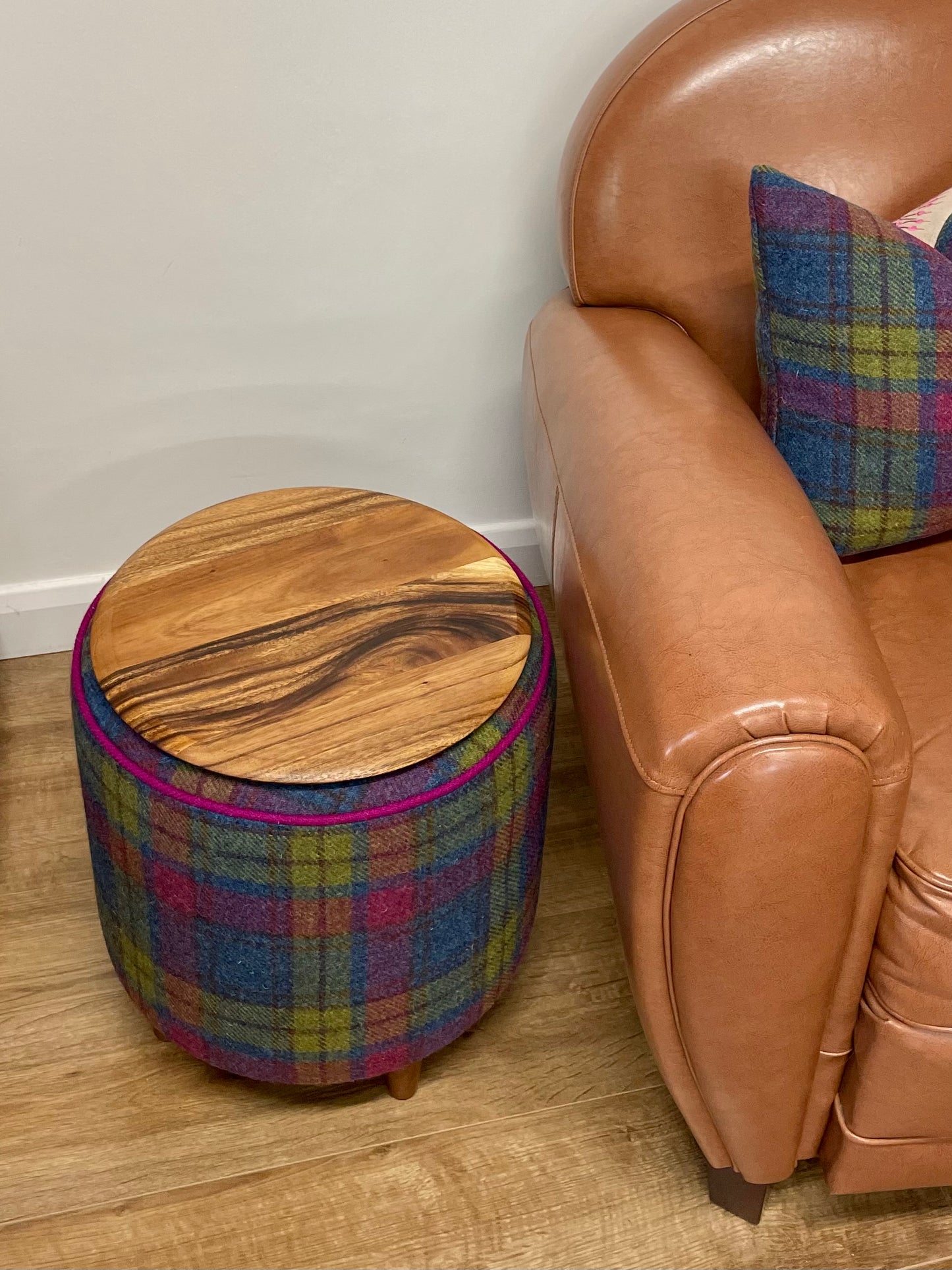 Colourful Tartan Harris Tweed Chunky End Table with Fuchsia Piping and Removable Wooden Top