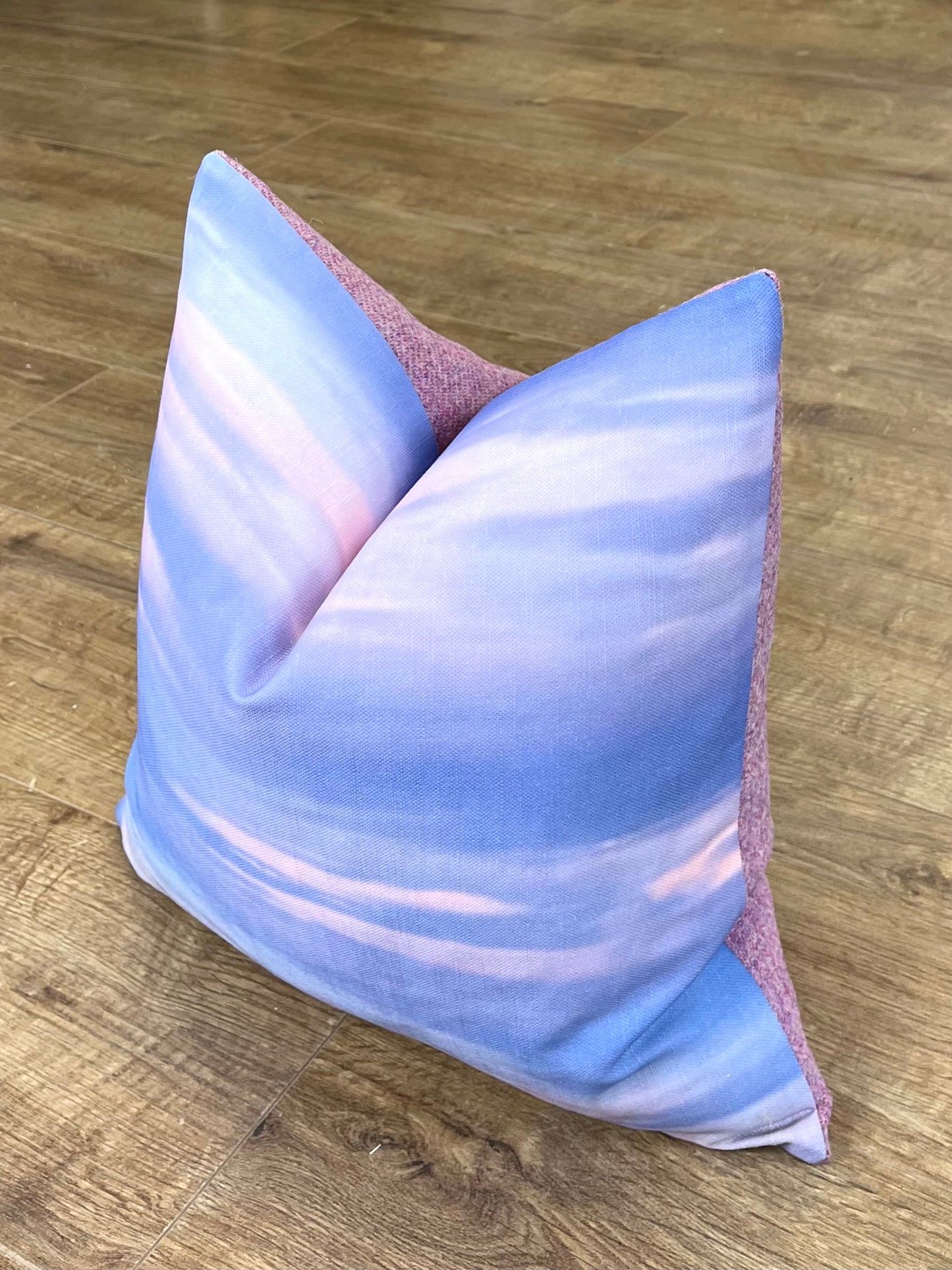 Skyscape Linen and Dusky Pink Harris Tweed Cushion 16”