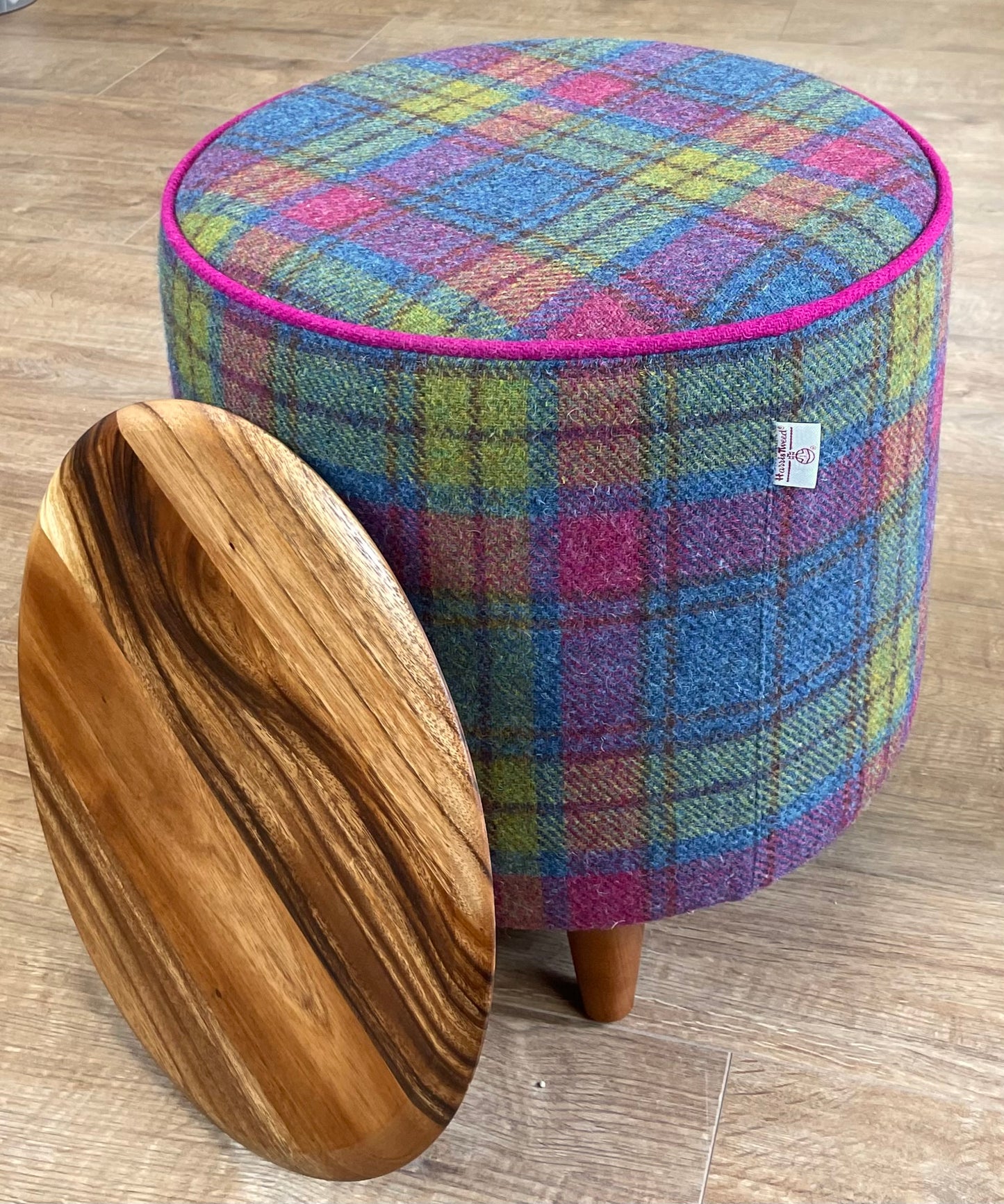 Colourful Tartan Harris Tweed Chunky End Table with Fuchsia Piping and Removable Wooden Top