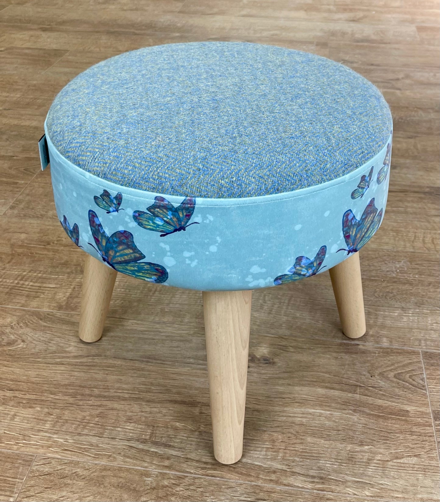 Butterflies in the Rain Velvet and Harris Tweed Small Footstool