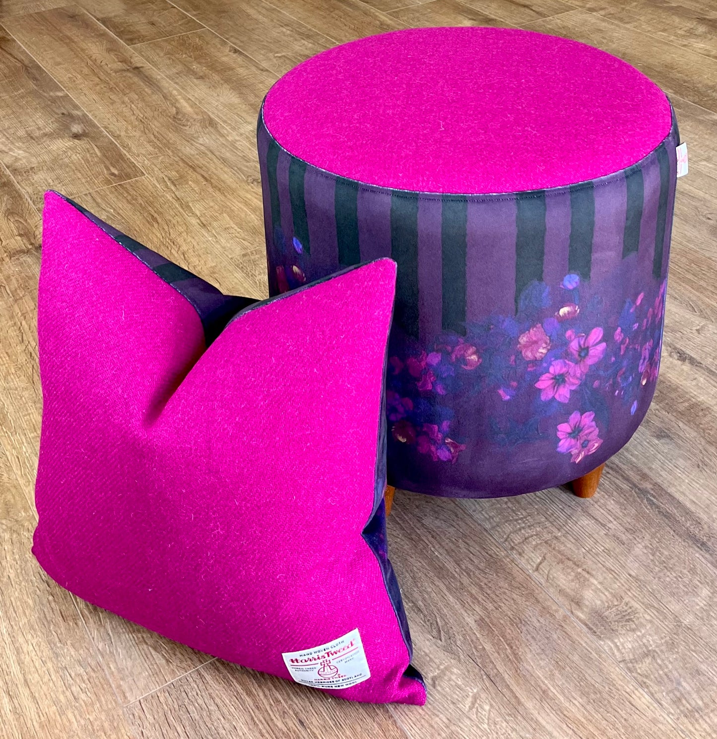 Stripes in Bloom Velvet and Fuchsia Harris Tweed Cushion 18”