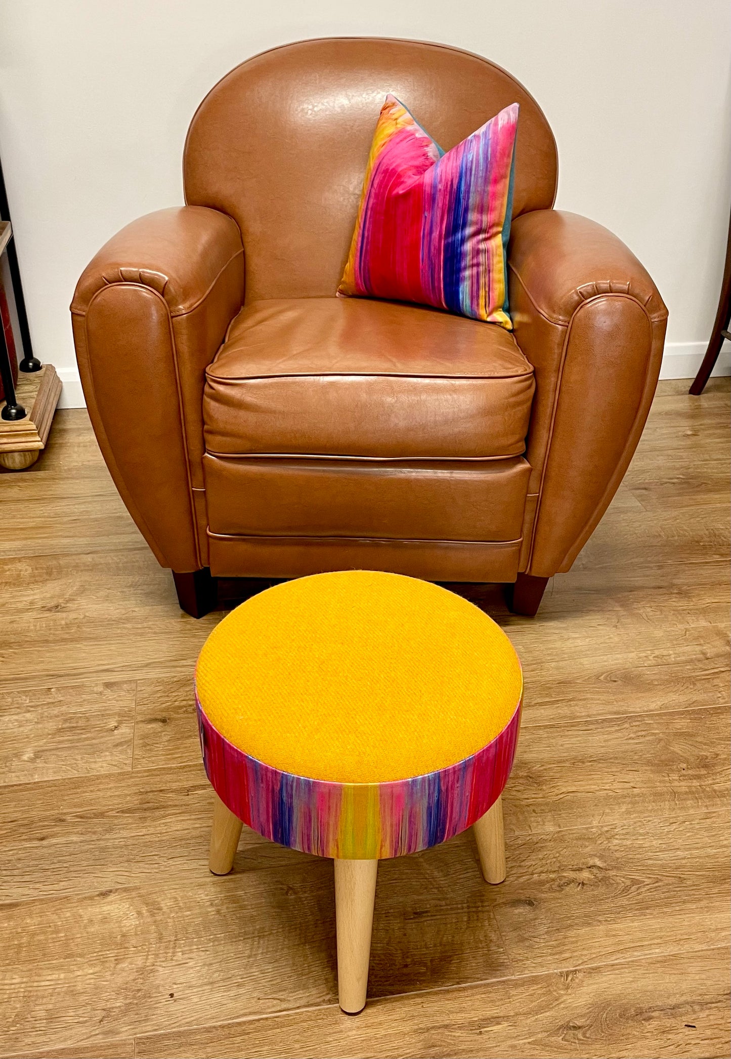 Paint Strokes Velvet and Yellow Harris Tweed Small Footstool