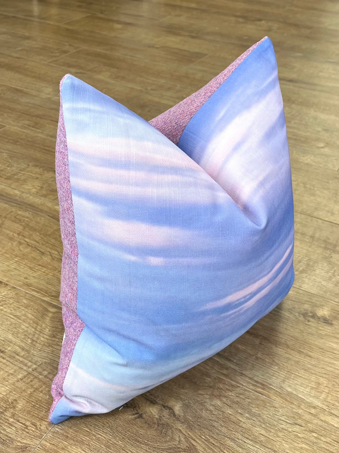 Skyscape Linen and Dusky Pink Harris Tweed Cushion 16”