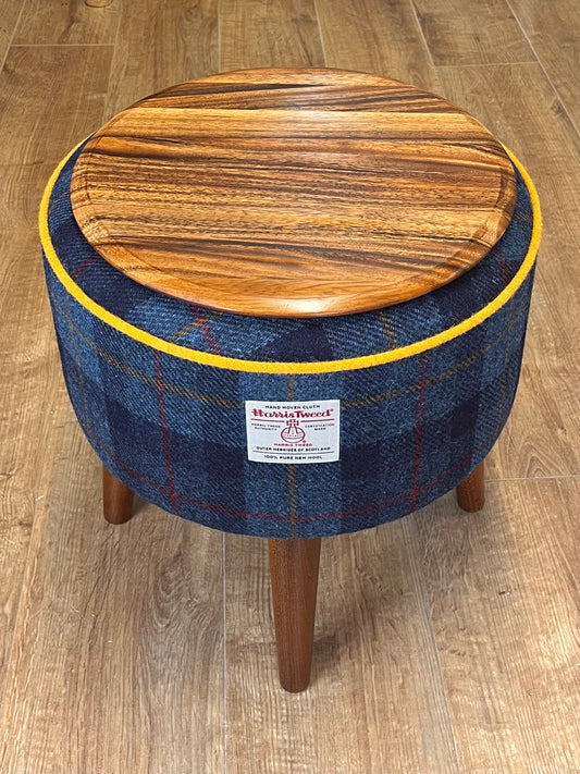 Blue Tartan Harris Tweed End Table with Yellow Piping and Removable Wooden Top