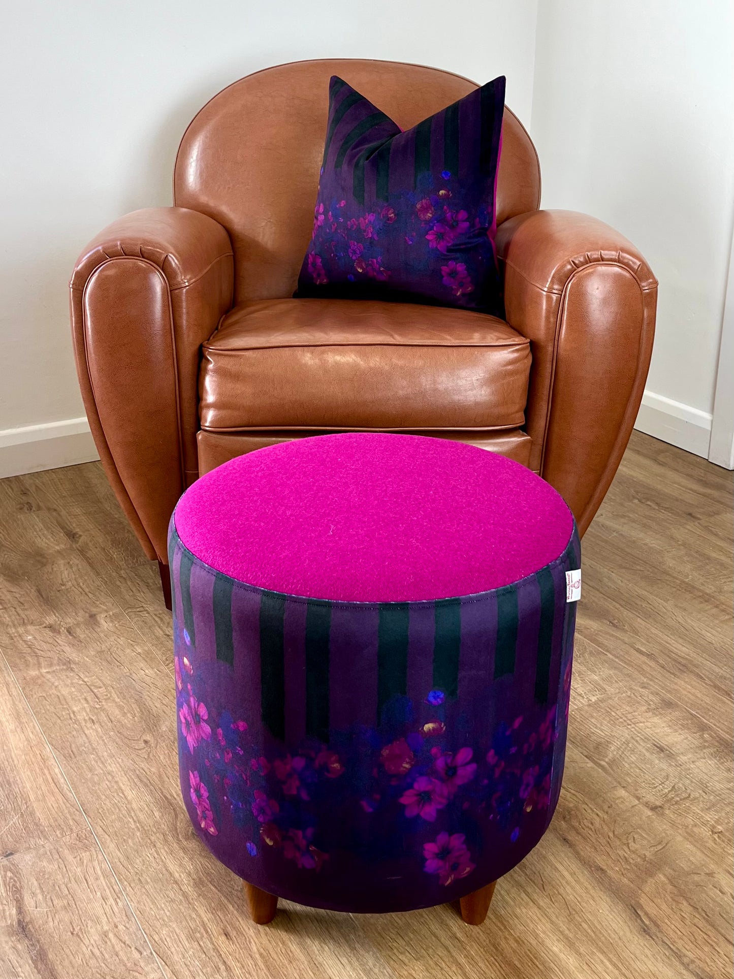 Stripes in Bloom Velvet Chunky Footstool with Fuchsia Harris Tweed