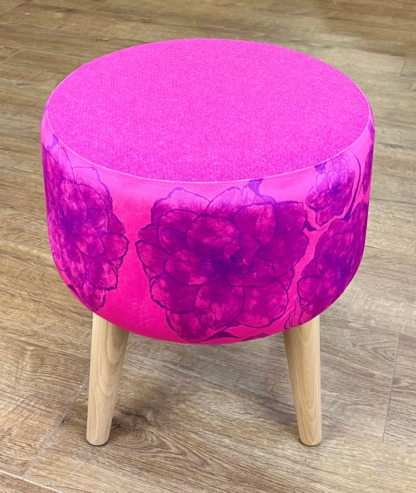 Purple Camellia on Pink Velvet and Harris Tweed Footstool