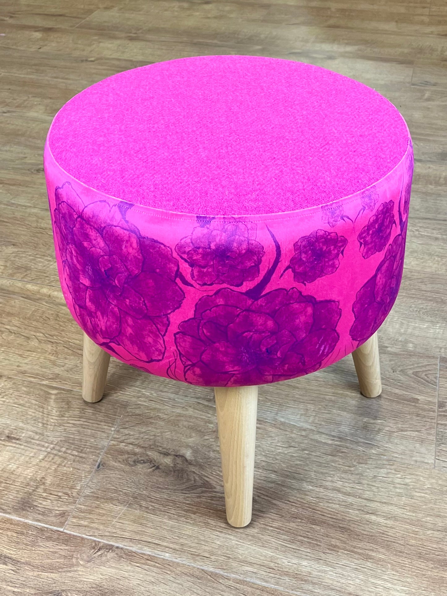 Purple Camellia on Pink Velvet and Harris Tweed Footstool