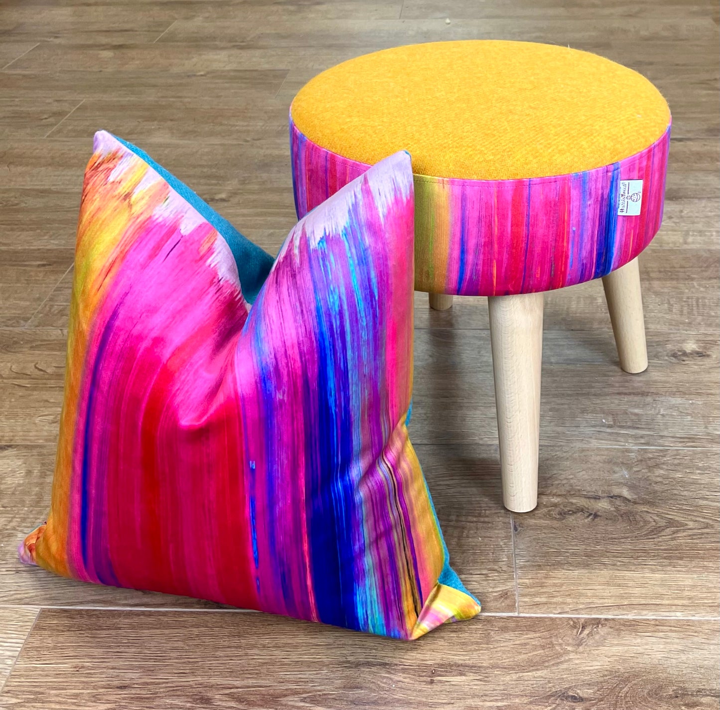 Paint Strokes Velvet and Yellow Harris Tweed Small Footstool