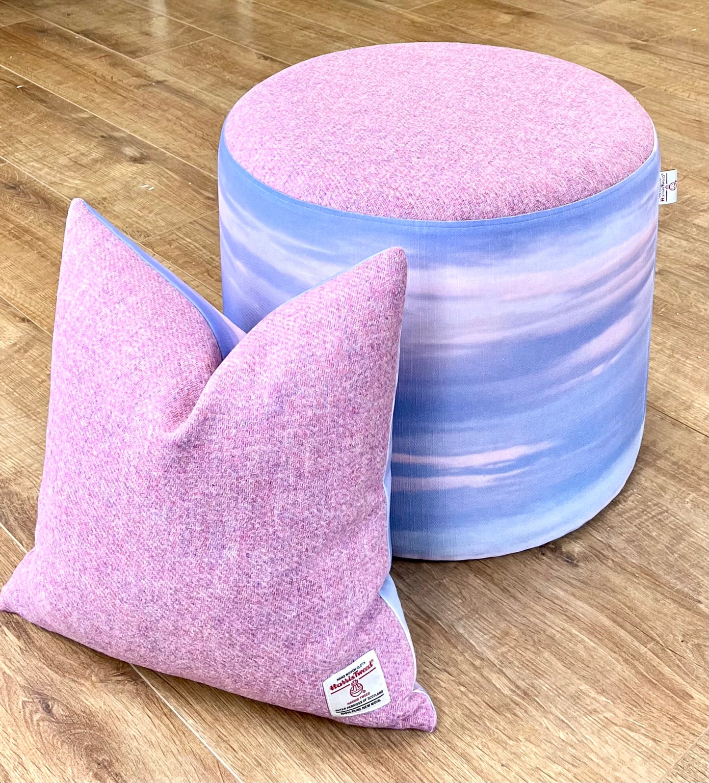 Skyscape Linen and Dusky Pink Harris Tweed Cushion 16”