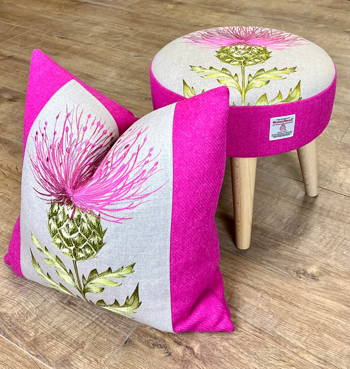 Bright Pink Embroidered Thistle and Harris Tweed Footstool with Varnished Wooden Legs
