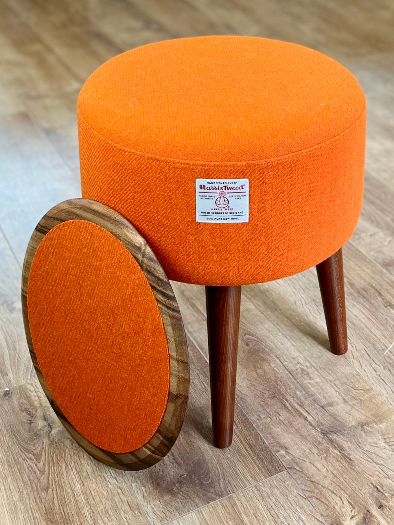 Side Table, Orange Harris Tweed with Removable Wooden Top and Dark Varnished Wooden Legs