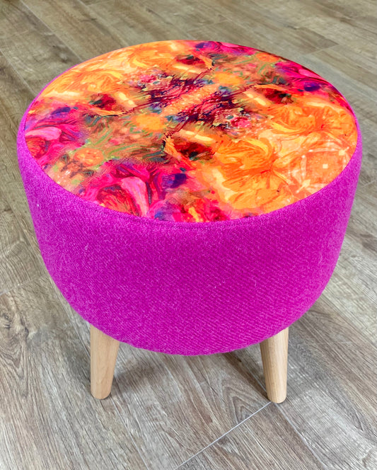 Fire Velvet and Pink Harris Tweed Footstool