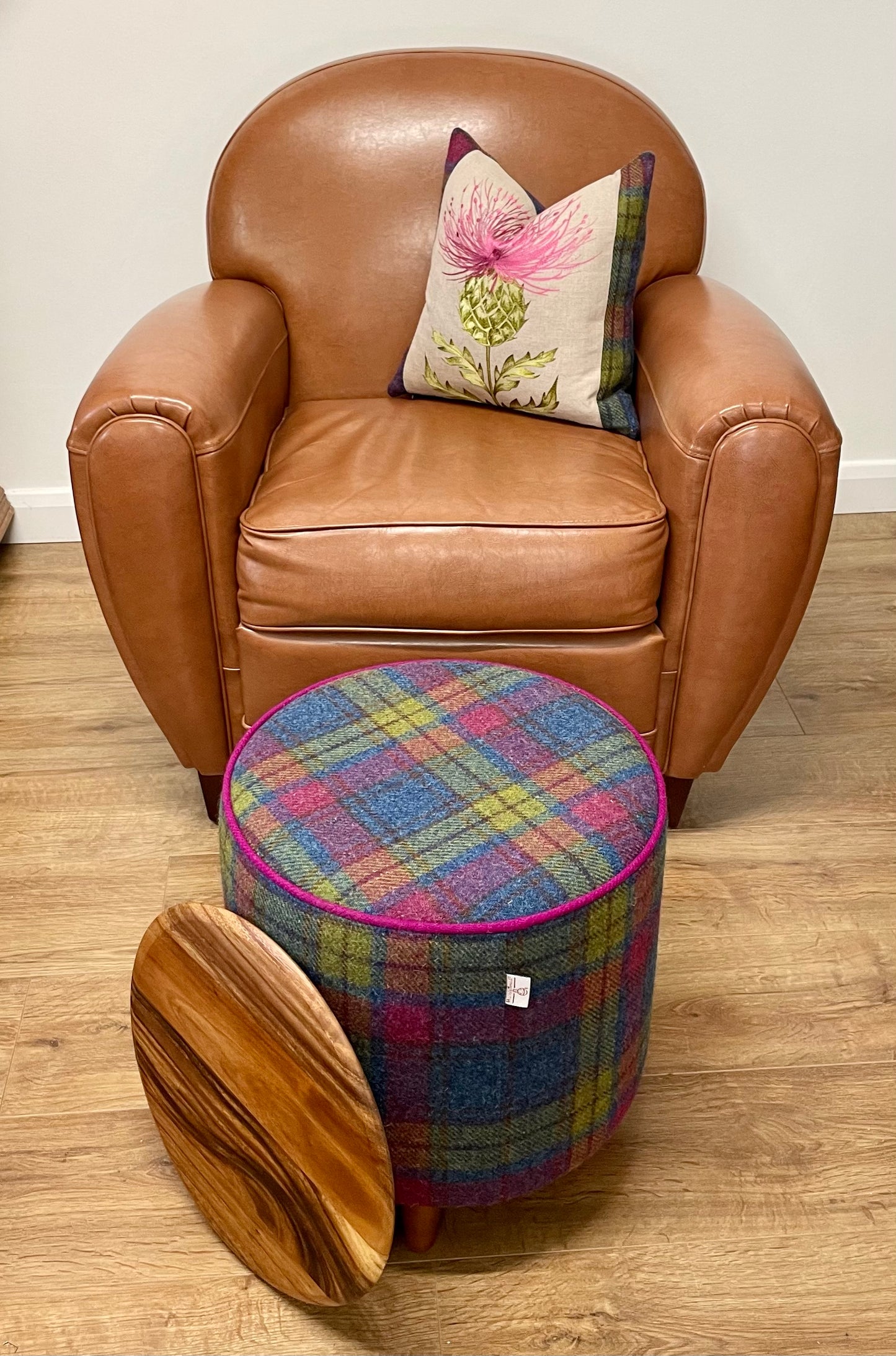 Colourful Tartan Harris Tweed Chunky End Table with Fuchsia Piping and Removable Wooden Top