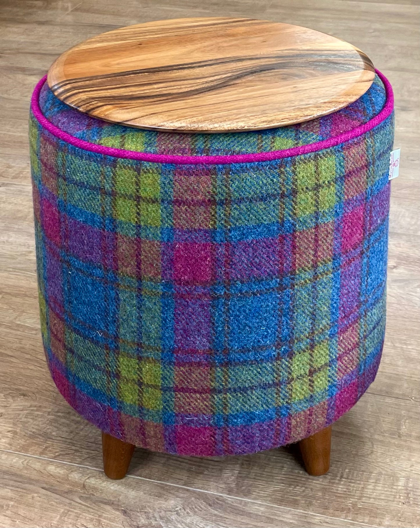 Colourful Tartan Harris Tweed Chunky End Table with Fuchsia Piping and Removable Wooden Top