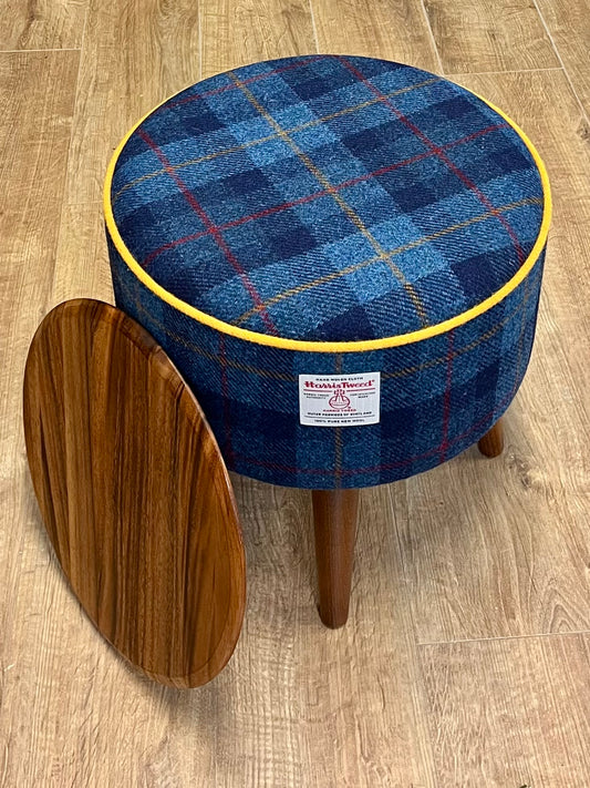 Blue Tartan Harris Tweed End Table with Yellow Piping and Removable Wooden Top