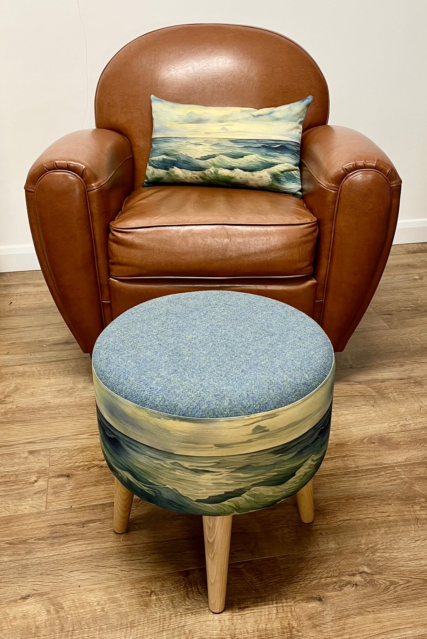 Stormy Sea Linen and Light Blue Harris Tweed Oblong Cushion