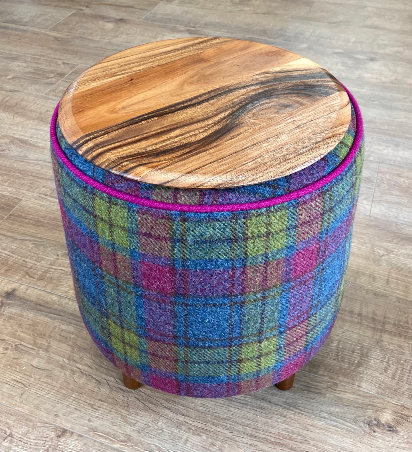Colourful Tartan Harris Tweed Chunky End Table with Fuchsia Piping and Removable Wooden Top
