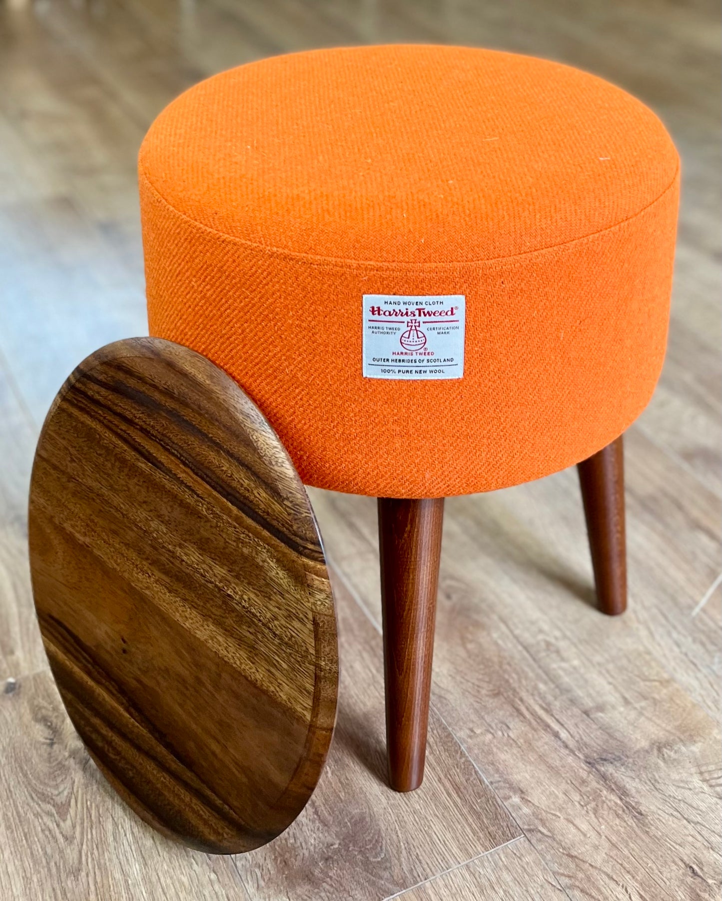 Side Table, Orange Harris Tweed with Removable Wooden Top and Dark Varnished Wooden Legs