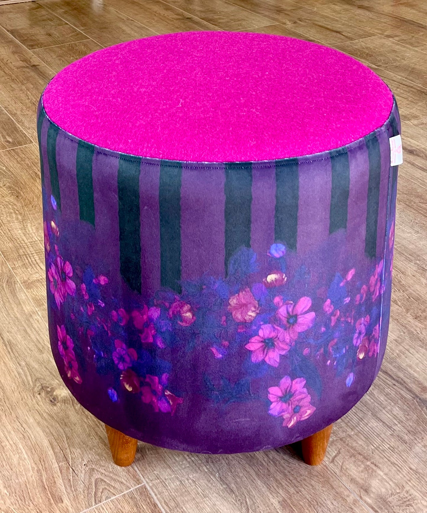 Stripes in Bloom Velvet Chunky Footstool with Fuchsia Harris Tweed