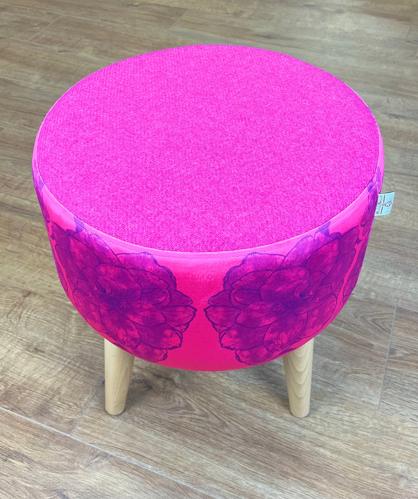 Purple Camellia on Pink Velvet and Harris Tweed Footstool