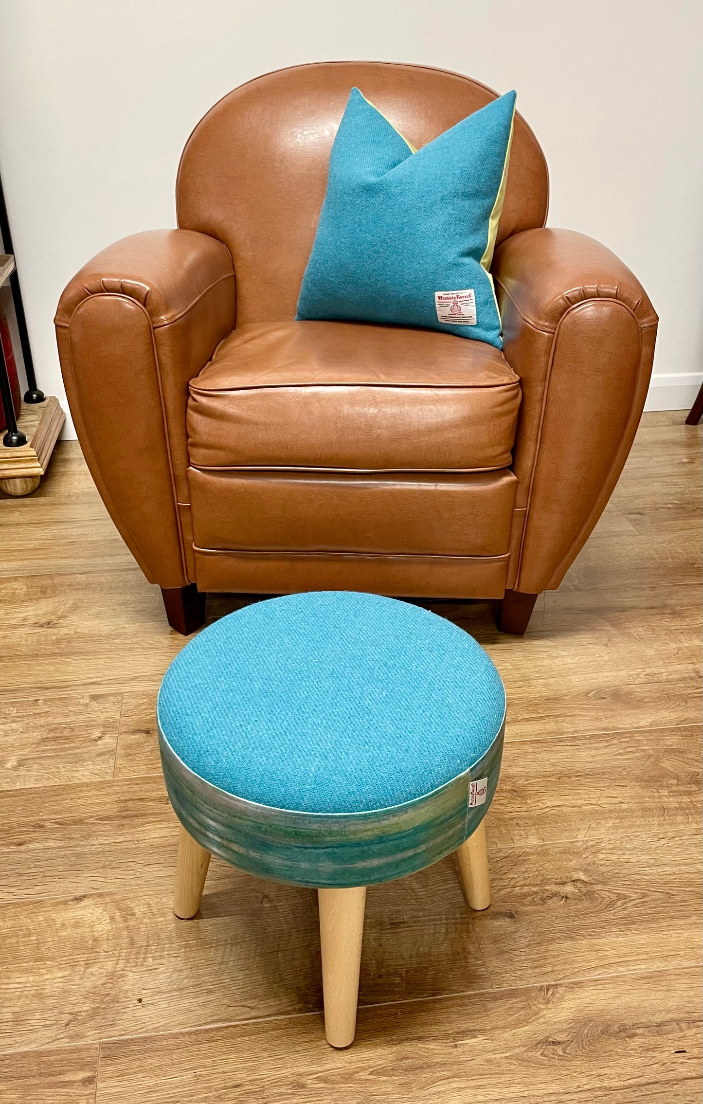 Emerald Sea Velvet and Turquoise Harris Tweed Footstool