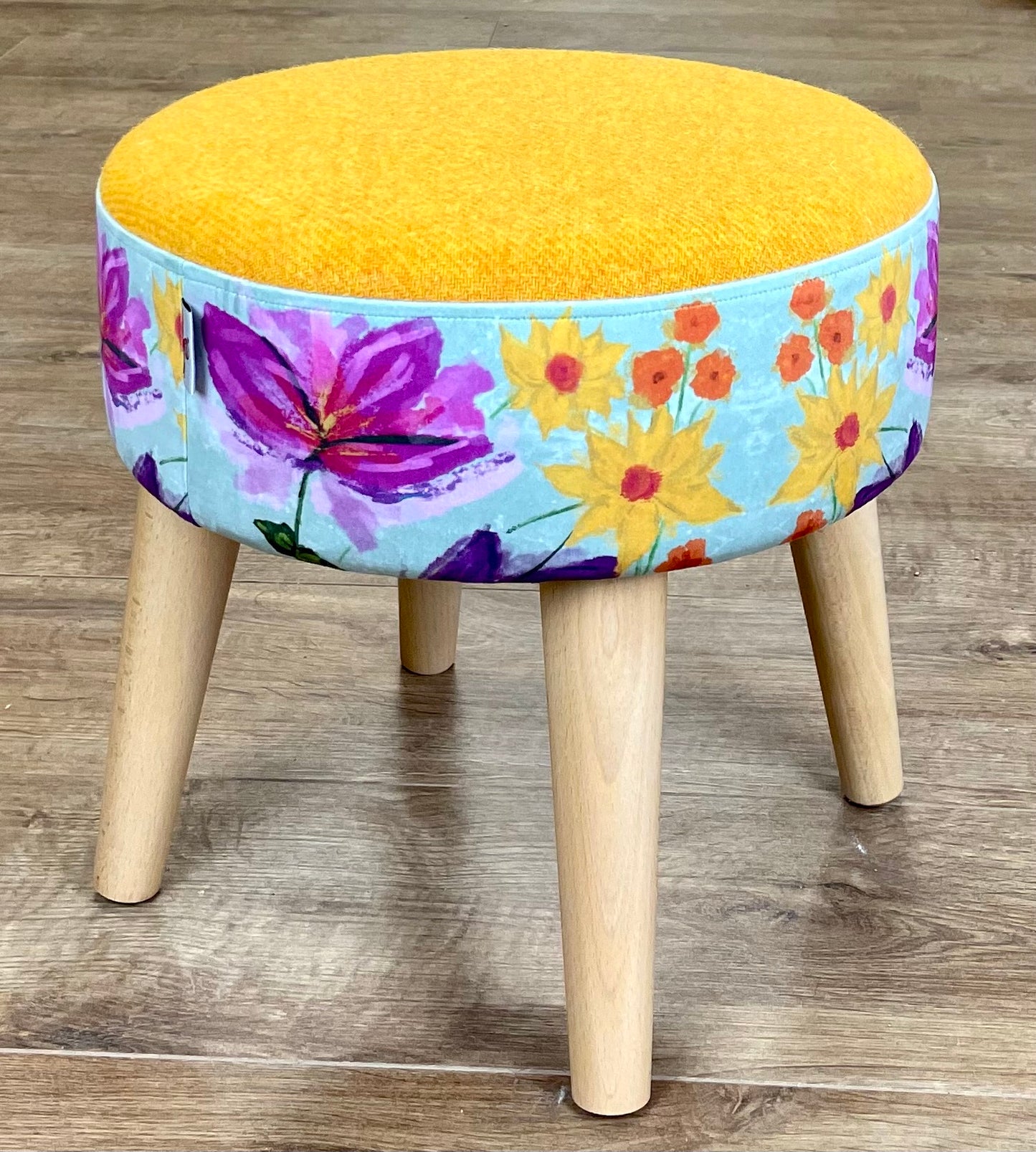 Spring Time Velvet and Yellow Harris Tweed Small Footstool