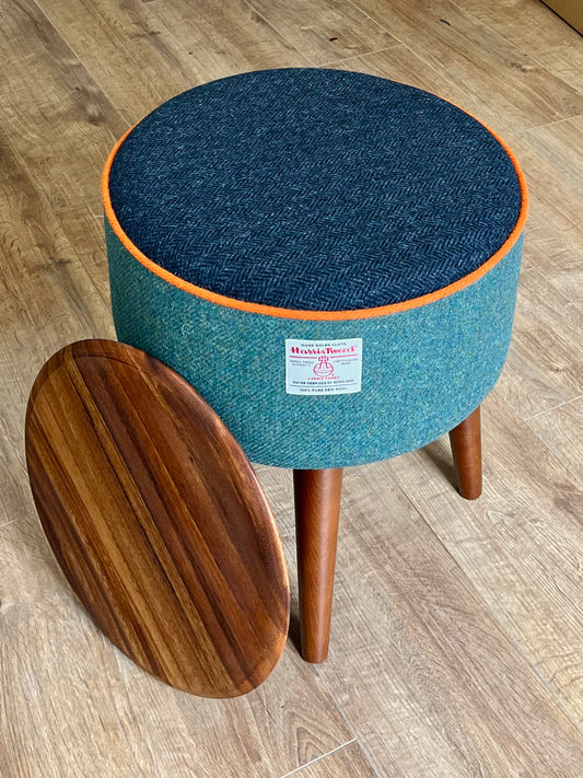 Green and Navy Harris Tweed Table with Orange Piping and Removable Wooden Top