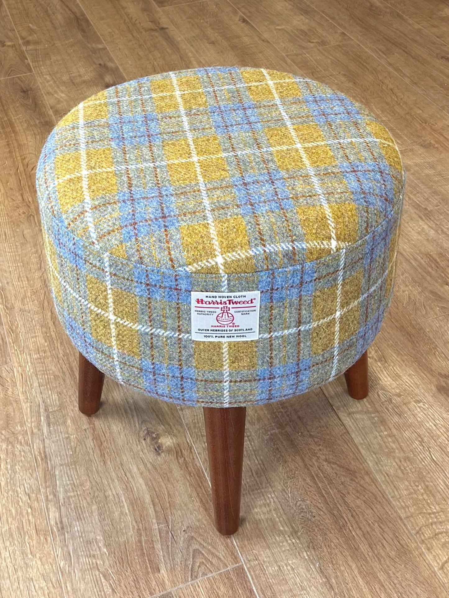Mustard Tartan Harris Tweed Footstool with Dark Varnished Wooden Legs