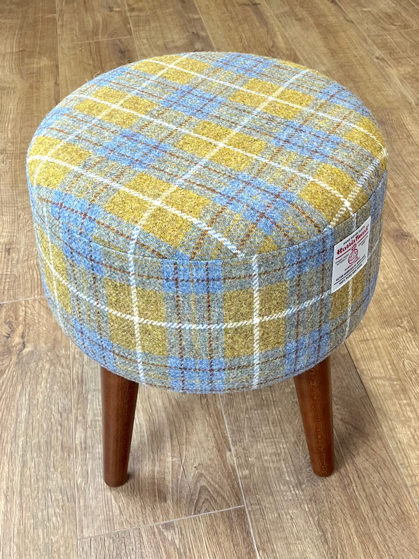 Mustard Tartan Harris Tweed Footstool with Dark Varnished Wooden Legs