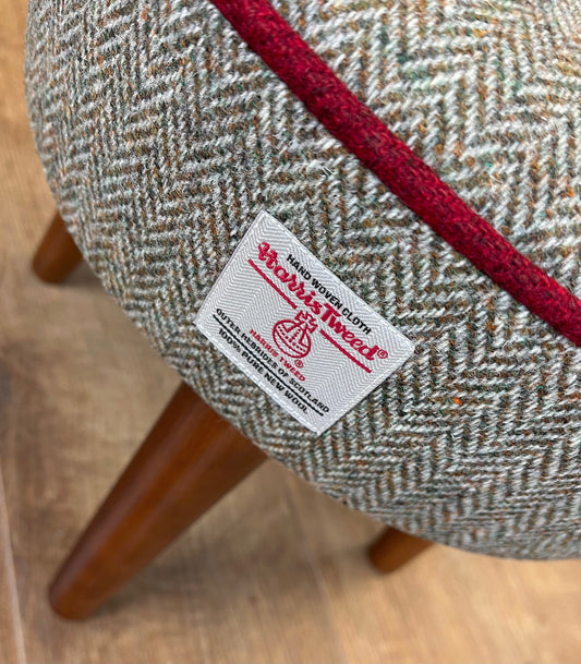 Brown Harris Tweed Footstool with Red Piping and Dark Varnished Wooden Legs