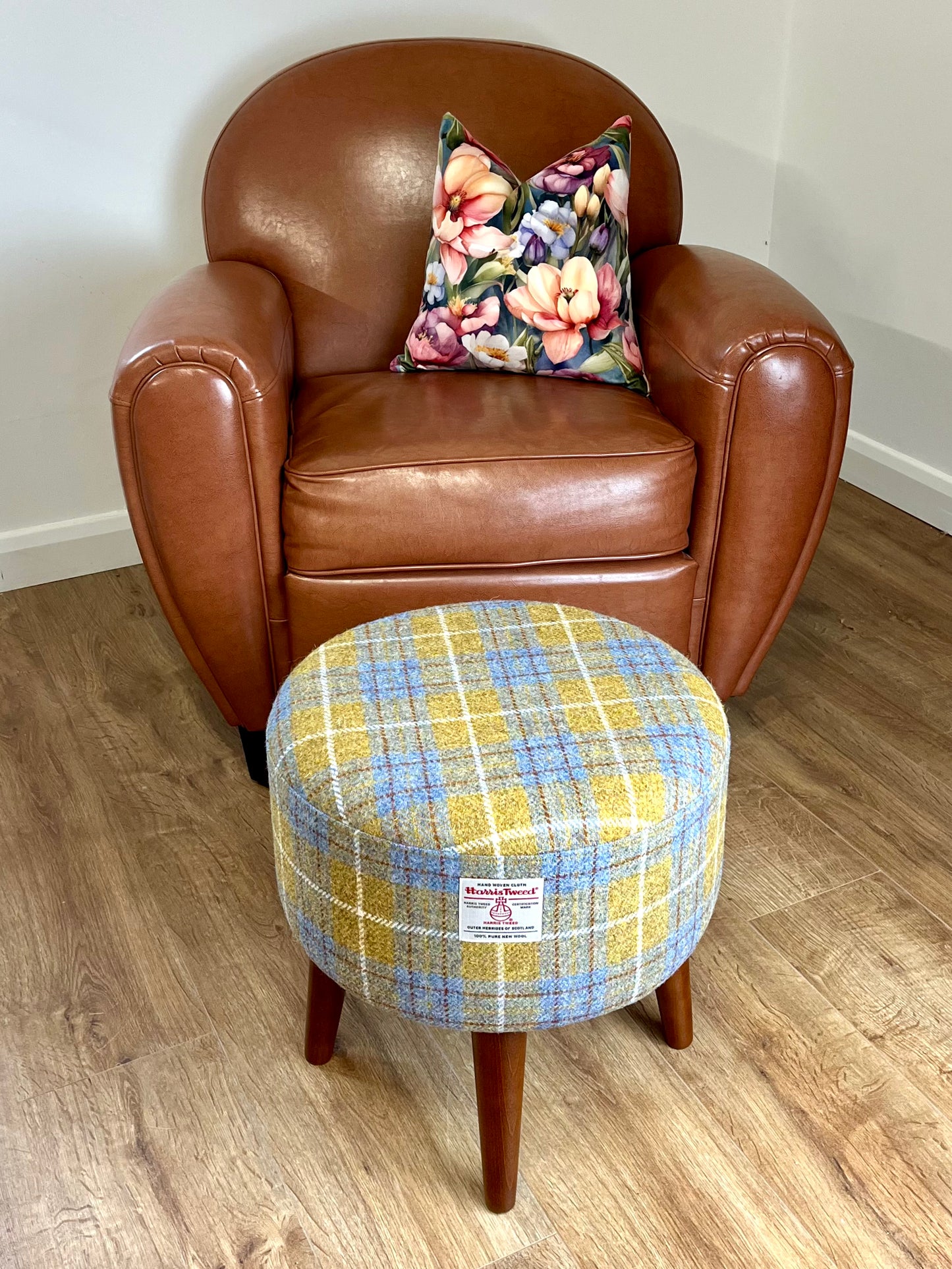 Mustard Tartan Harris Tweed Footstool with Dark Varnished Wooden Legs