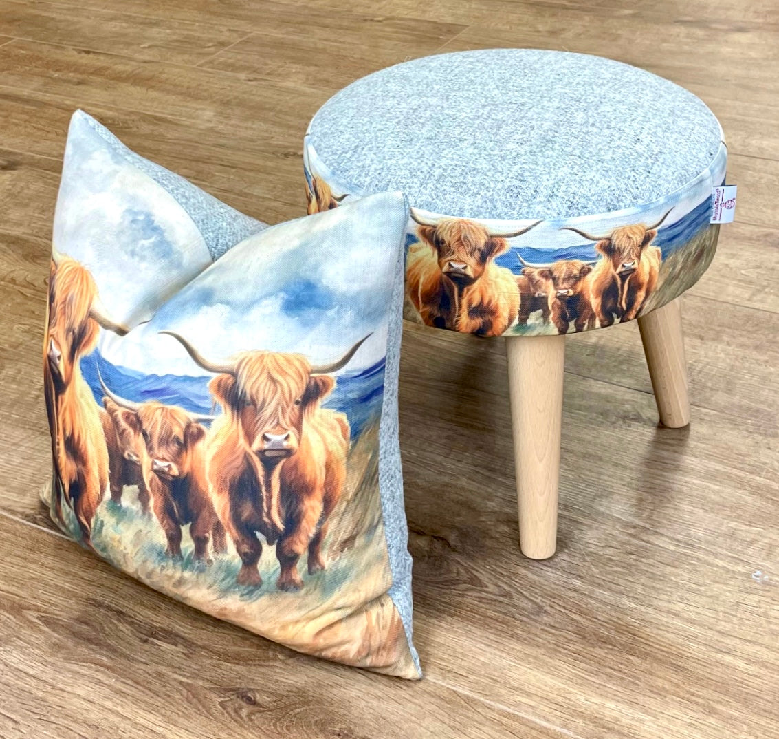 Highland Cows by the Sea Linen and Grey Harris Tweed Footstool