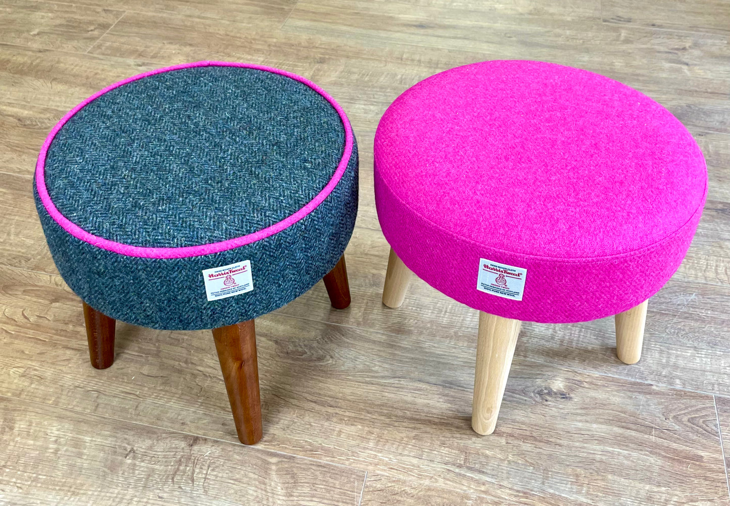 Bright Pink Harris Tweed Footstool with Varnished Wooden Legs