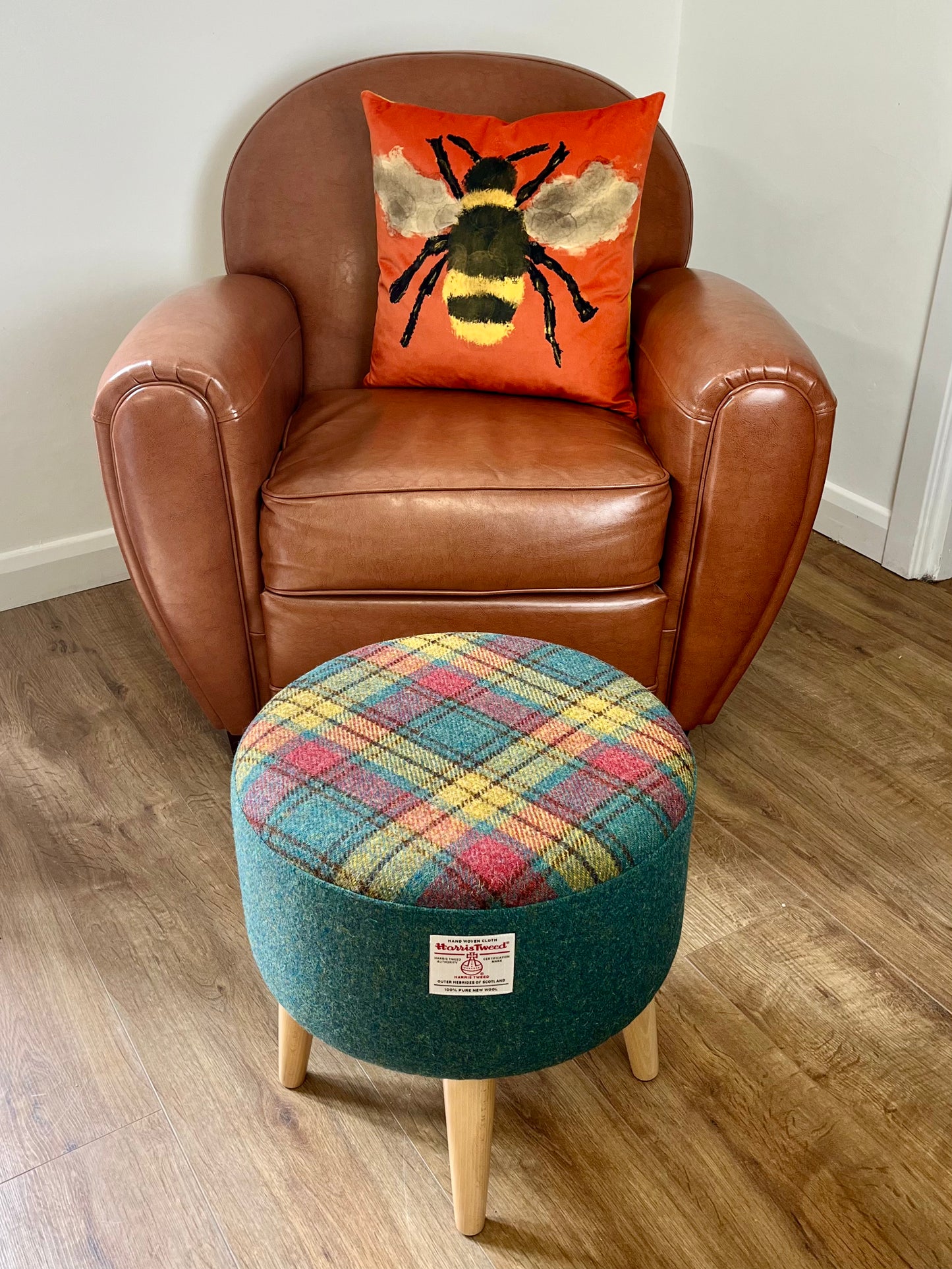 Bumble Bee Velvet and Yellow Harris Tweed Cushion 18”