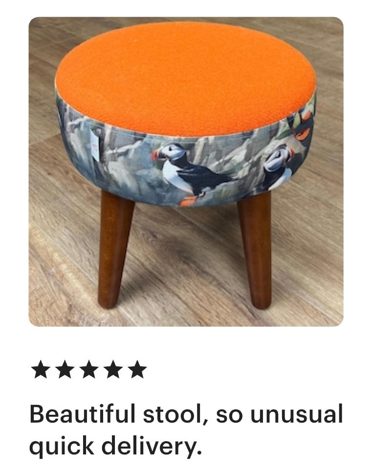 Puffin Scene and Orange Harris Tweed Footstool with Dark Varnished Wooden Legs