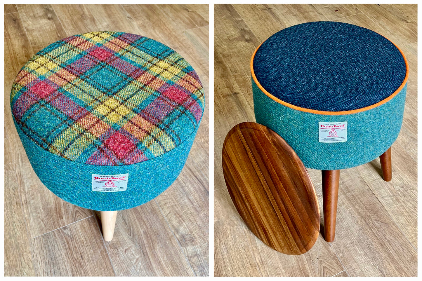 Green, Red and Mustard Tartan Harris Tweed Footstool with Dark Varnished Wooden Legs