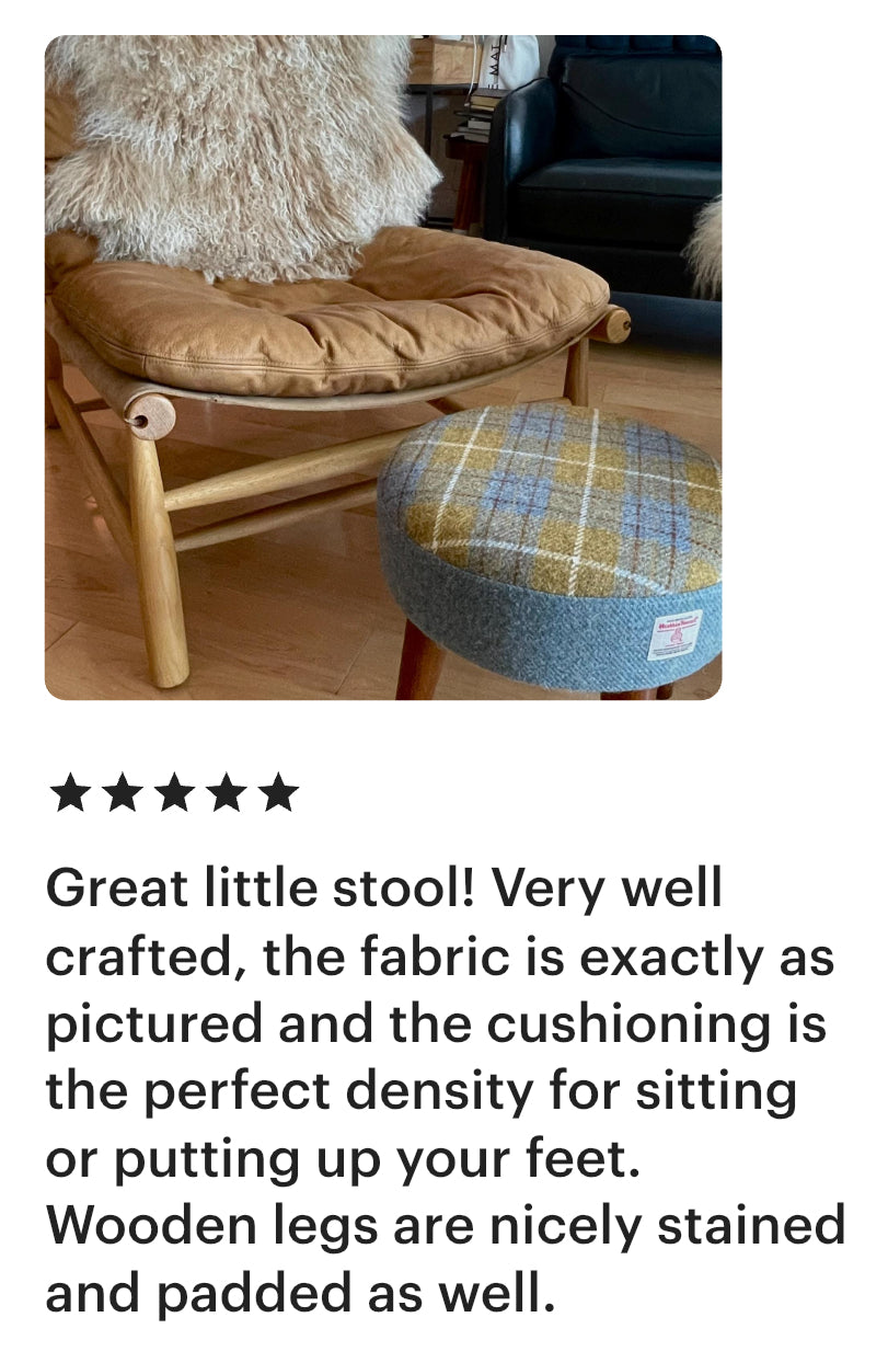 Sky Blue and Mustard Tartan Harris Tweed Footstool with Varnished Light Wooden Legs
