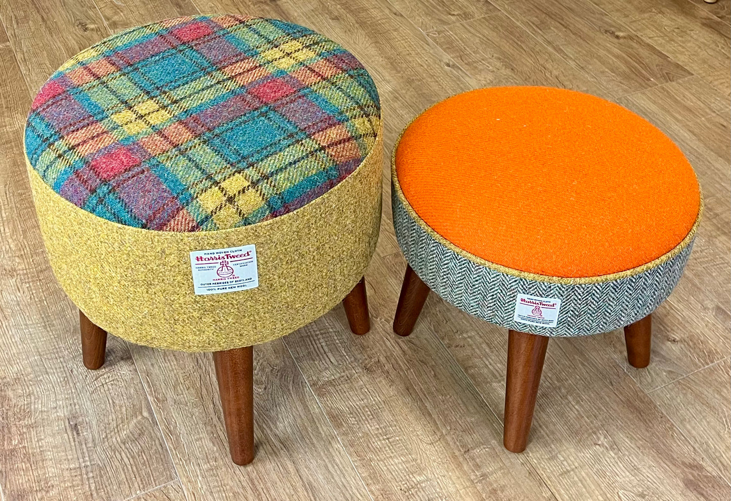 Mustard, Green and Red Tartan Harris Tweed Footstool with Dark Varnished Wooden Legs
