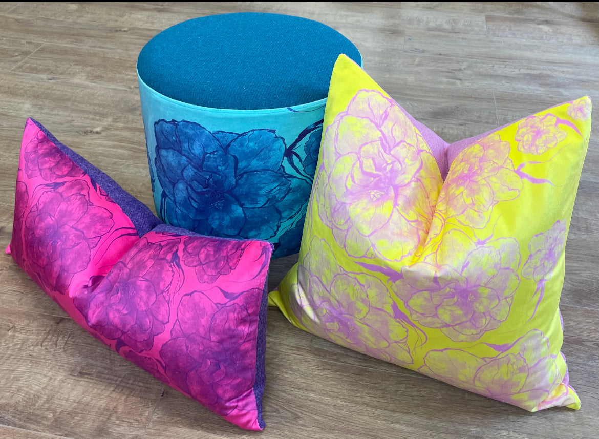 Purple Camellia on Pink Velvet and Harris Tweed Footstool