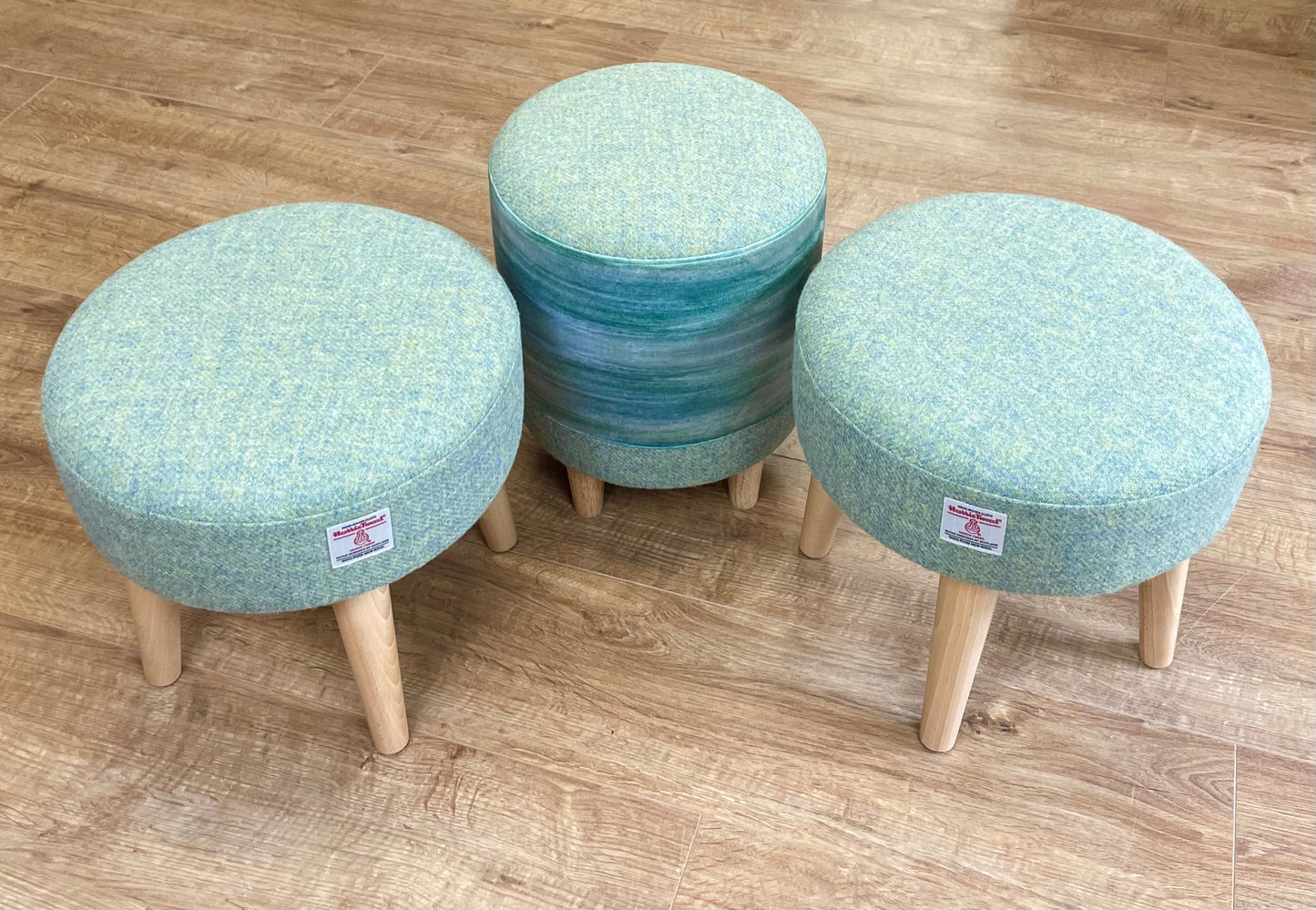 Light Green Harris Tweed Footstool with Varnished Wooden Legs