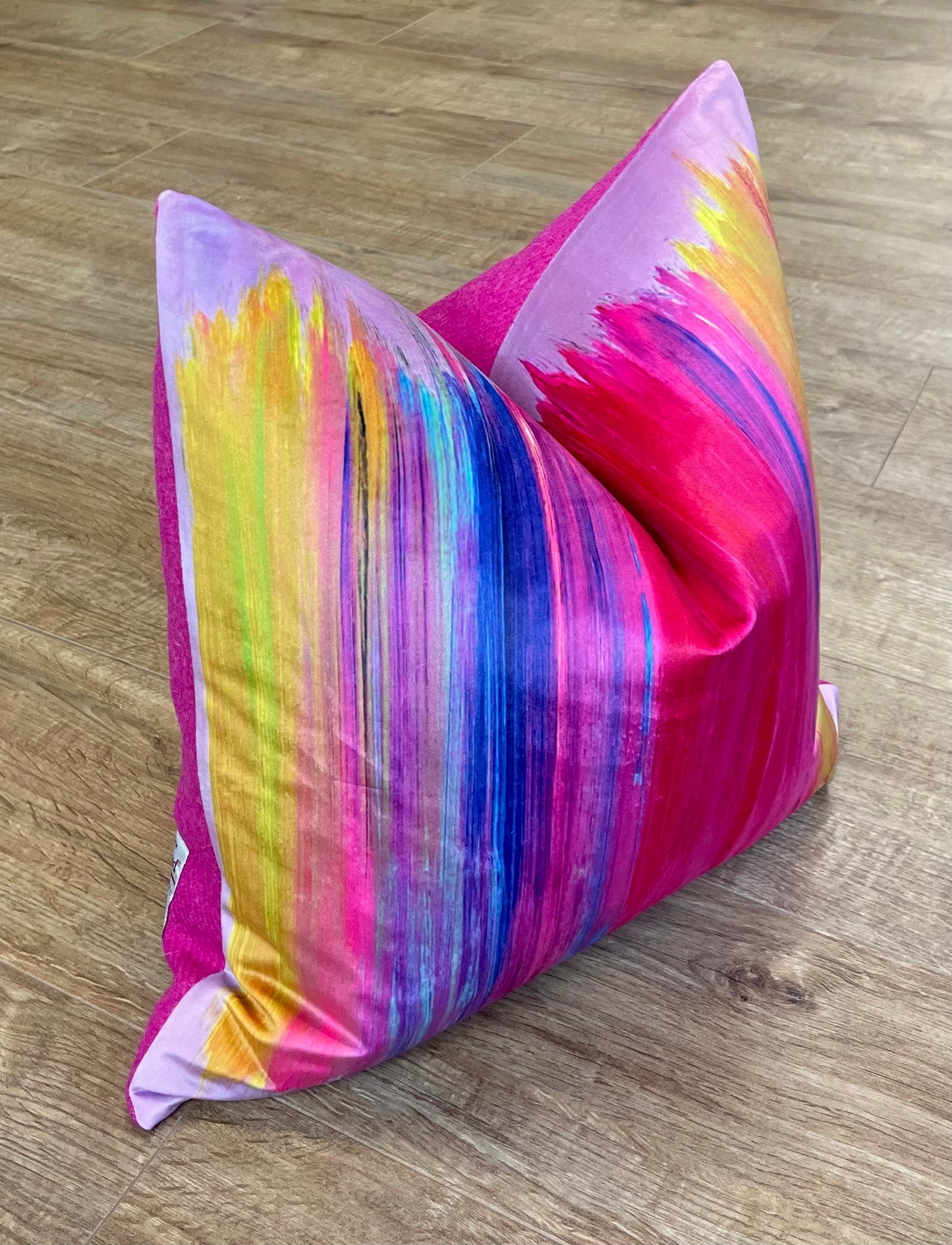 Paint Strokes Velvet and Pink Harris Tweed Cushion, Handmade, 18”