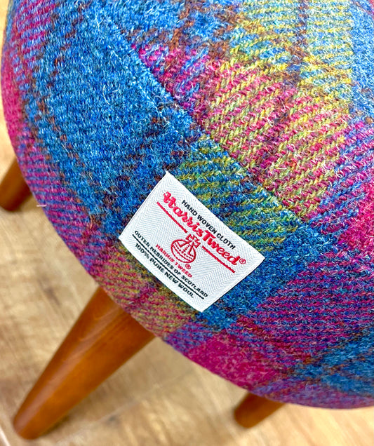 Colourful Tartan Harris Tweed Footstool with Dark Varnished Wooden Legs