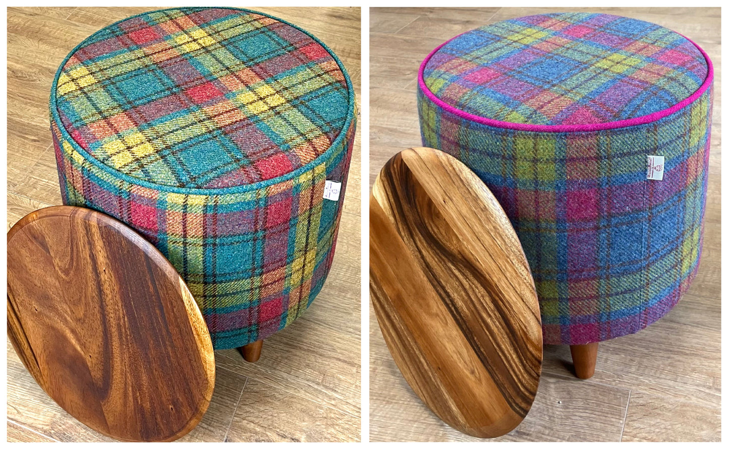 Brown Green Harris Tweed Chunky Table Footstool with Green Piping Detail