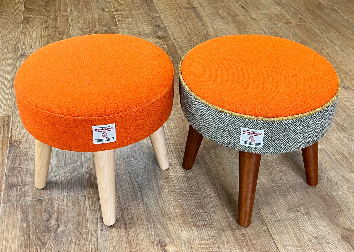 Orange and Overcheck Harris Tweed Footstool with Mustard Piping and Dark Varnished Wooden Legs (Copy)